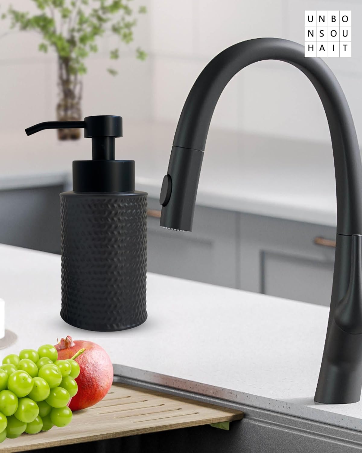 10 Oz Foaming Soap Dispenser for Bathroom,Kitchen Foam Soap Dispenser,Refillable Modern Foam Pump Bottle,Black Ceramic Foaming Hand Pump Dispenser (Black Weave)