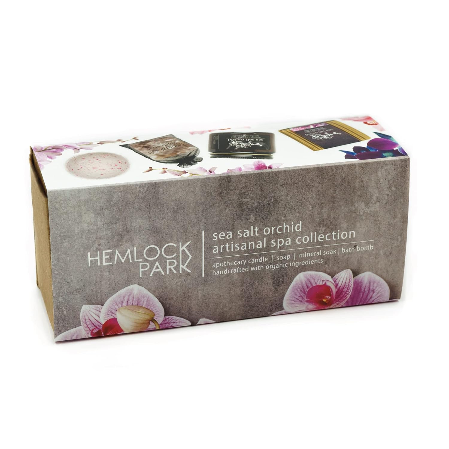 Hemlock Park Sea Salt Orchid Artisanal Spa Gift Box | Apothecary Candle, Shea Butter Soap, Bath Bomb, Mineral Salt Bath Soak | Handcrafted with Plant Based Ingredients