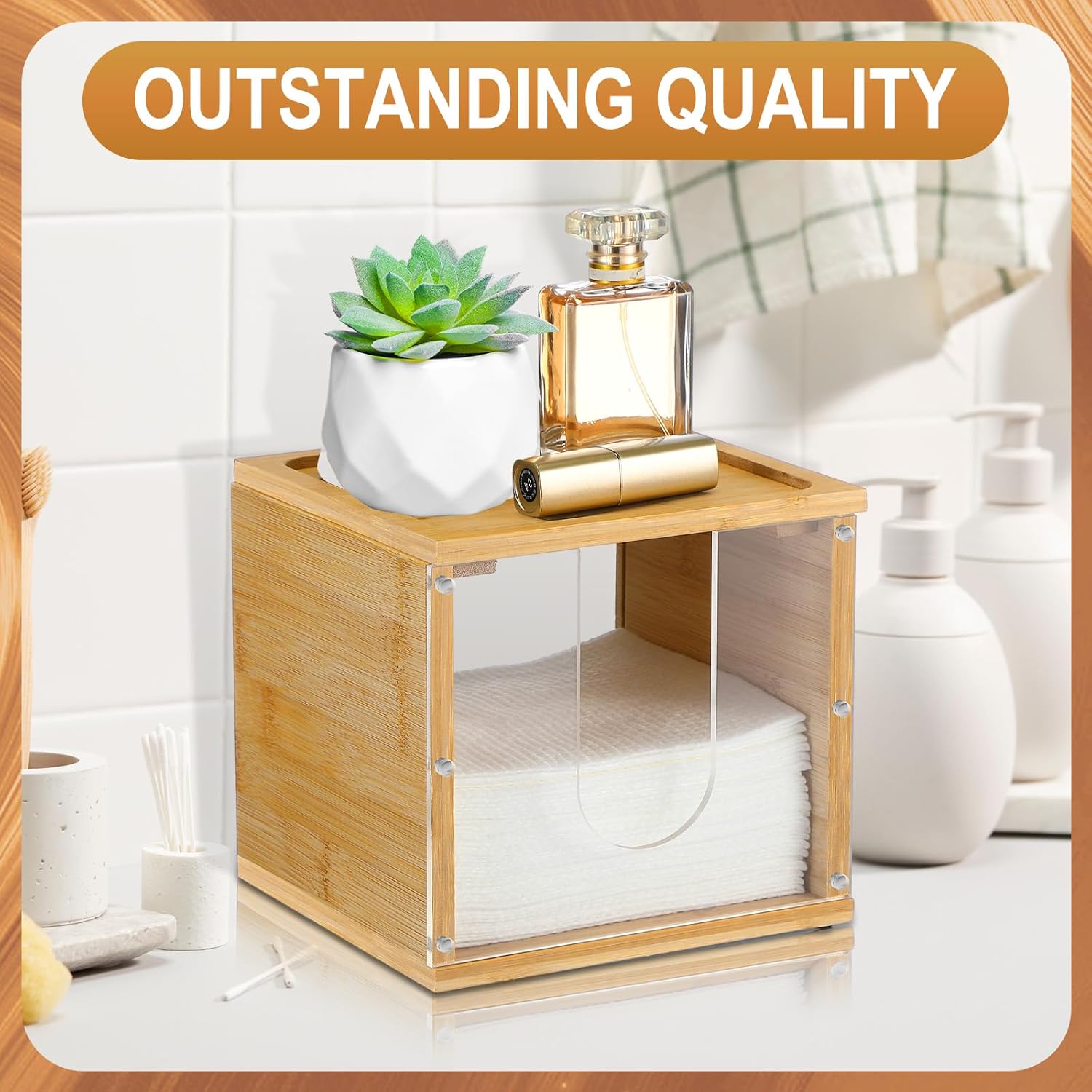 Chunful Disposable Face Towel Holder Box with Bamboo Lid, Acrylic Cosmetic Facial Towel Storage Container for Disposable Makeup Wipes Bathroom Vanity Countertop(Magnetic Connection)