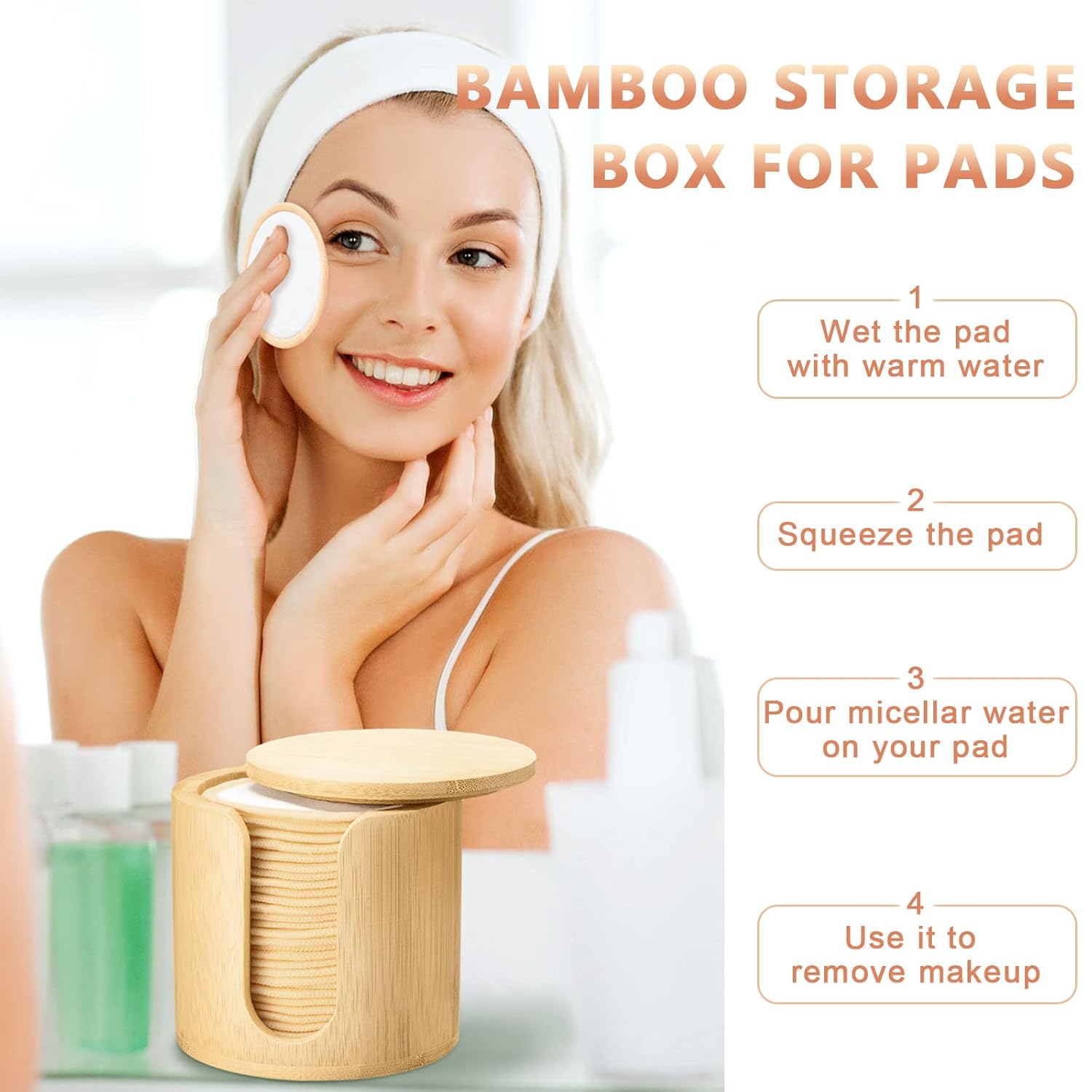 Foaincore 40 Pcs Reusable Makeup Remover Pads with Mesh Laundry Bag Washable Bamboo Cotton Rounds Soft Reusable Face Pad for Toner Skin Types with Bamboo Holder(White, Tan)