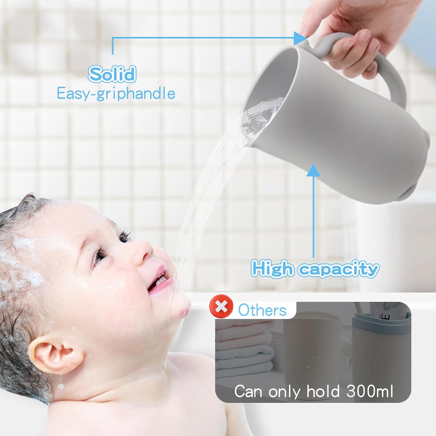 Mandoo Baby Bath Rinse Cup - Food Grade Silicone Shampoo & Body Washing Rinser for Kids With Easy Grip Handle - Baby Essentials (Light Gray)