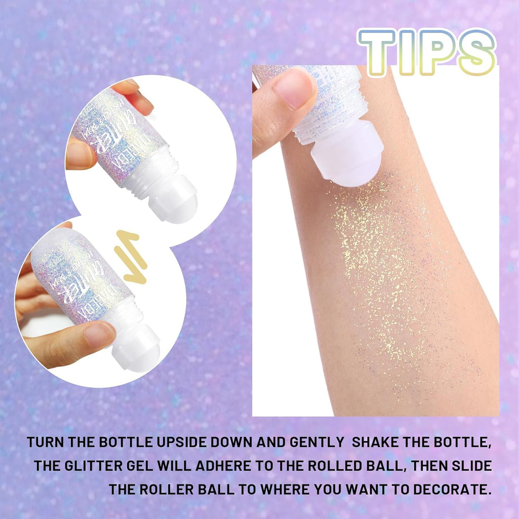 DAGEDA Body Glitter Gel, Roll-on Face Glitter for Mermaid Makeup Festival Rave Accessories, Holographic Hair Glitter Gel,Body Shimmer Halloween Makeup for Rave Party(Ocean Glow)