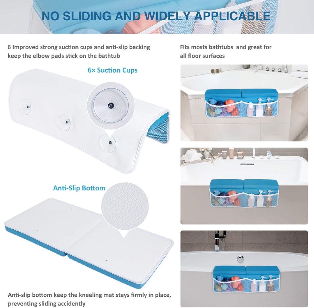 beiens Bath Kneeler and Elbow Rest Pad Set, 1.5'' Thick Quickly Dry Kneeling Pad and Elbow Support, Support Large Baby Bathtub Bath Mat Kneeling Pad with Toy Organizer for Baby Bathing Time (Blue)