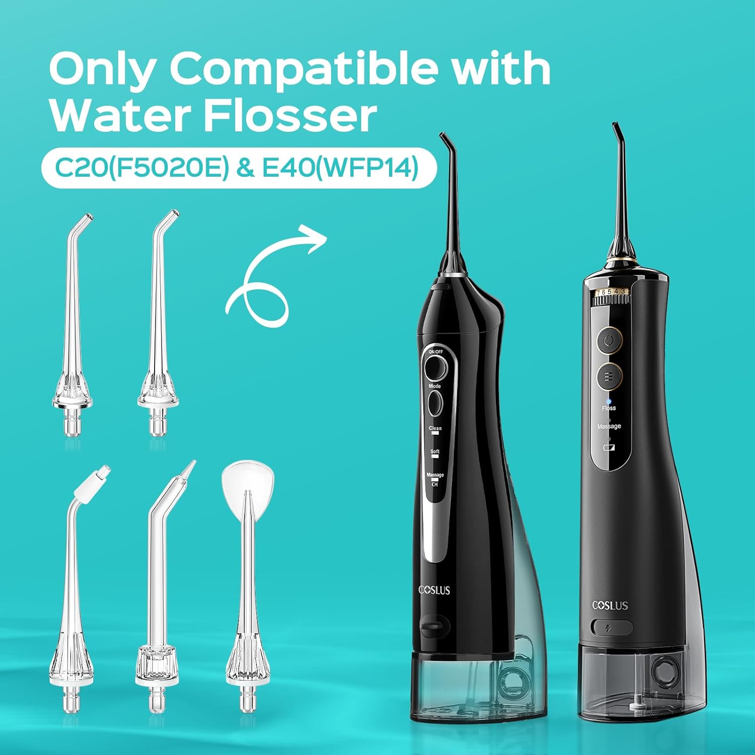 COSLUS Original Water Flosser Replacement Tips: Replacement Heads Compatible with COSLUS, Aquasonic, Nicwell, Oralfree, WELLFINE, Hangsun, Tovendor Water Dental Pick, Flosser Accessory, 5 Mix Jet Tips