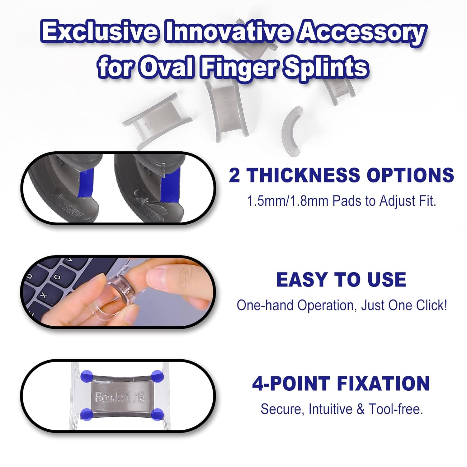 8Pcs Clear Oval Finger Splints & Click-Lock Adjustment Kit, 4 Graduated Finger Ring Splint & 4 Splint Adjustment, Finger Braces for Arthritis, Mallet, Straightening, Support (Size 1-4)