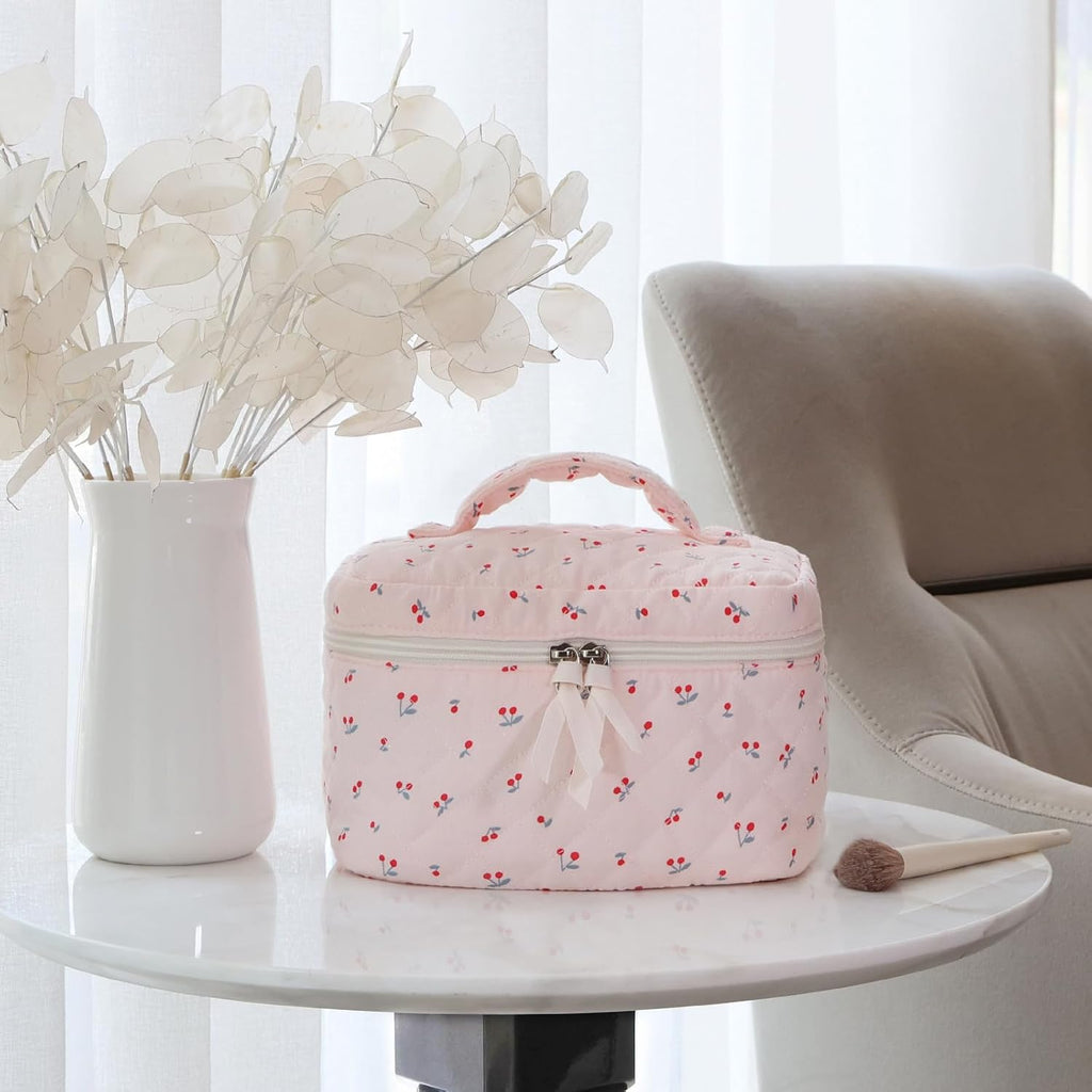Prite Large Cosmetic Bags for Women Cute Makeup Bag Floral Coquette Aesthetic Toiletry Bag Travel Make Up Organizer Bag (Cherry)