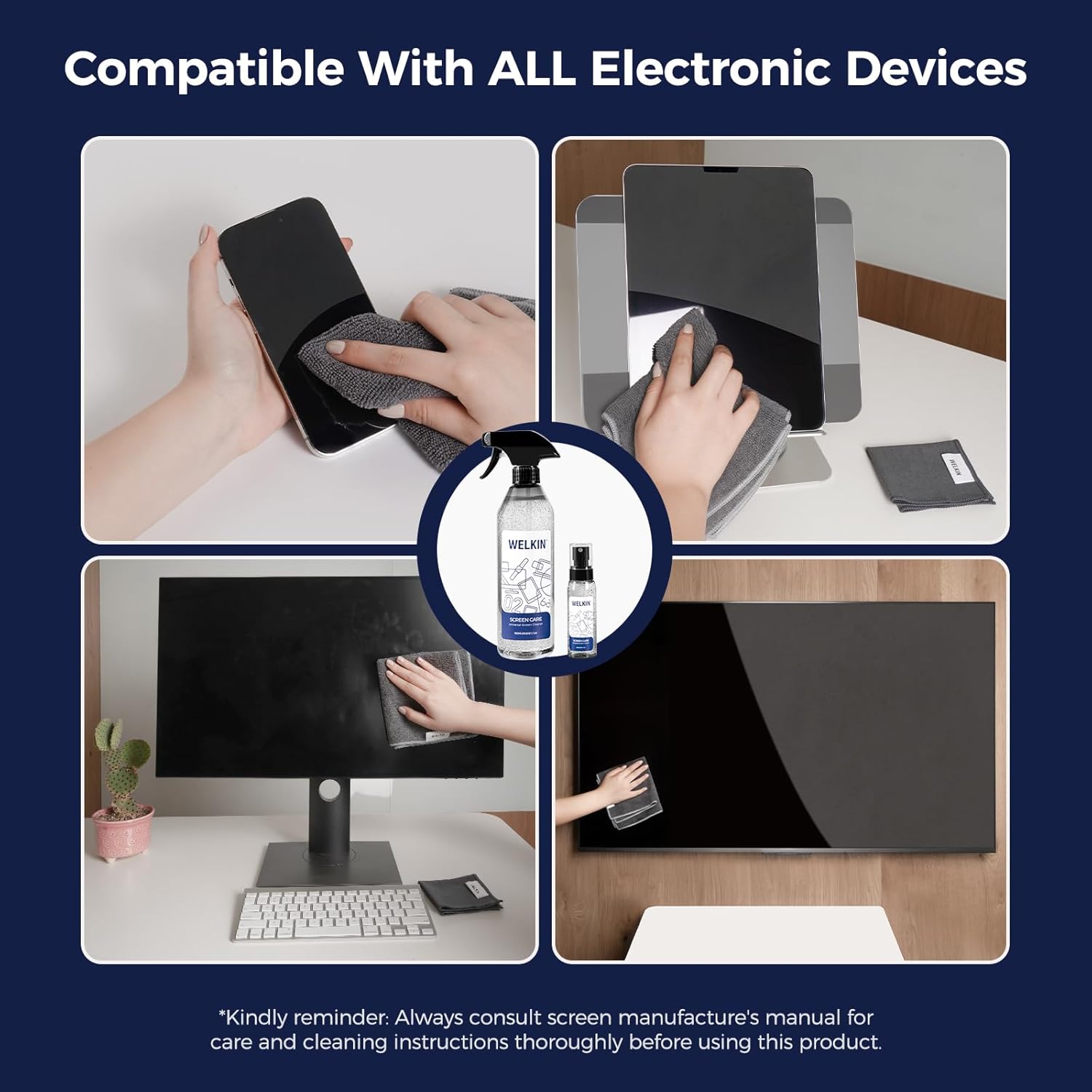 WELKIN Screen Cleaner Spray Kit (550ml + 60ml) - Cleaning Gel for TV, Laptop, Computer, Phone Touchscreen -2 Sprayers，1 Microfiber Cloth & 1 Glass Wipe