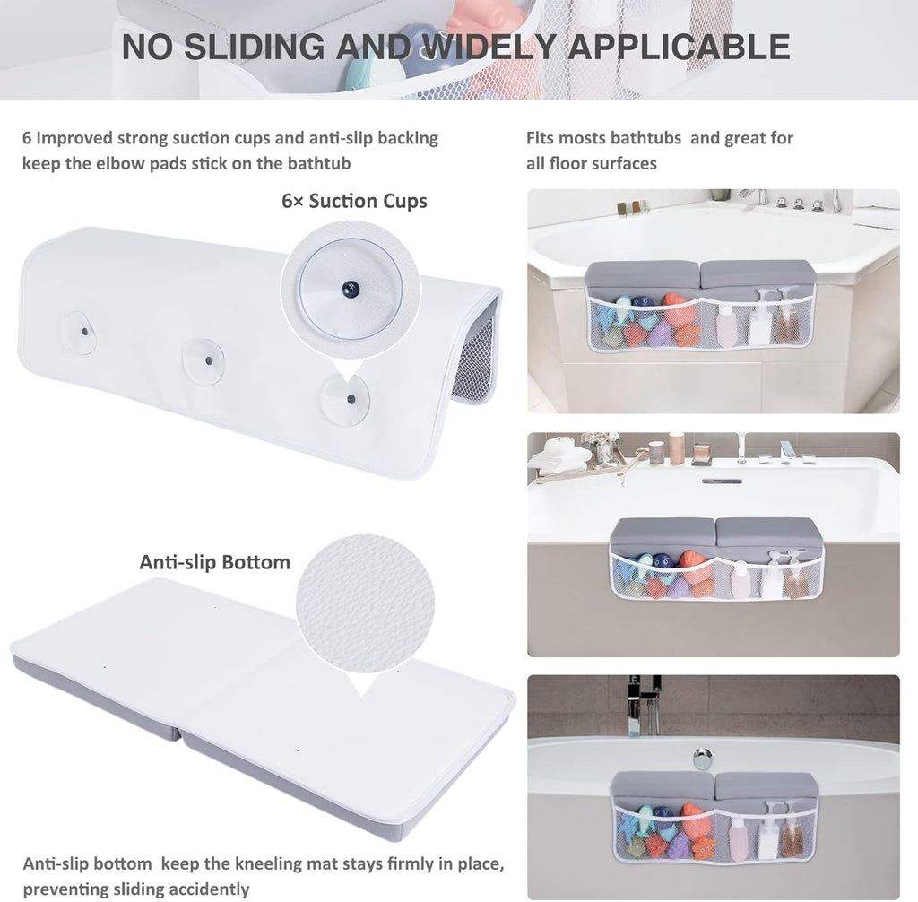 beiens Bath Kneeler and Elbow Rest Pad Set - 1.5'' Comfortable Baby Bath Kneeler Pads, Thick Quick Dry Kneeling Pad Support for Knee& Arm, Large Bathtub Mat with Toy Organizer for Happy Baby Bath Time