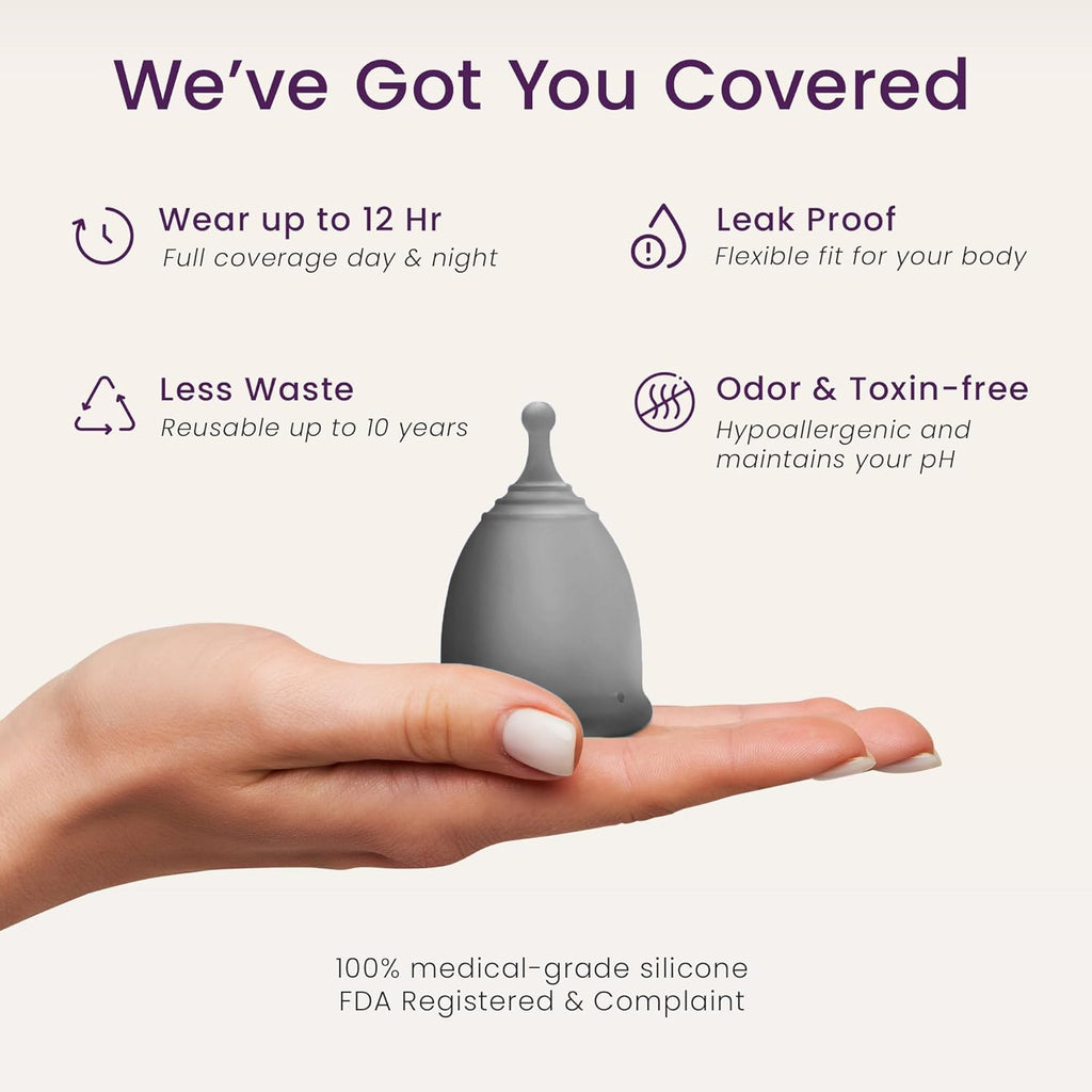 EcoBlossom Reusable Menstrual Cup and Case - The Most Reliable Medical Grade Silicone Period Cups - Comfortably use for 12 Hours (Small/Large (Pack of 2), Gray Cup & Case)