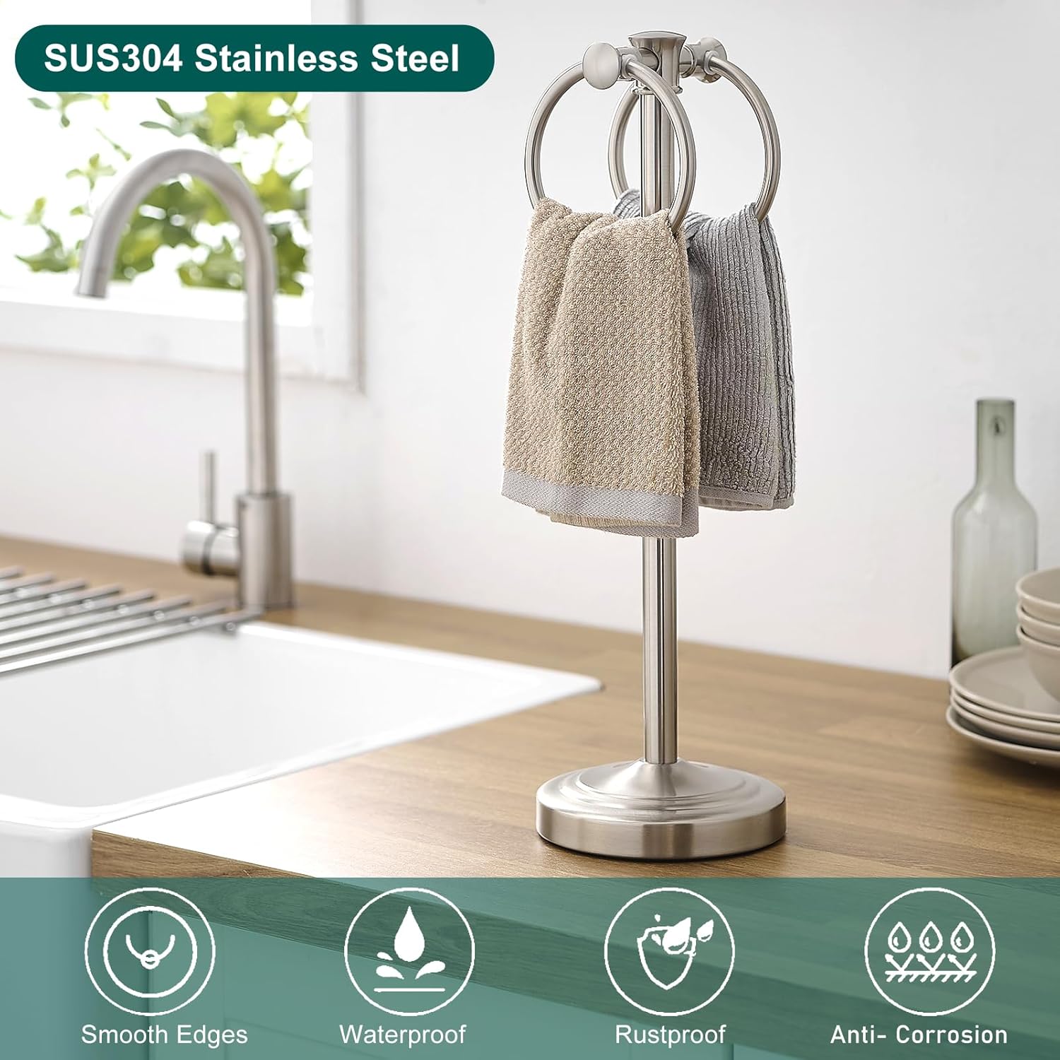 Hoimpro 17" Brushed Nickel Standing Towel Rack Bracket, Double Towel Ring Hand Towel Free Stand Holder Bathroom Hardware Accessories Set, Towel Bar for Bathroom Vanities and Kitchen Countertops