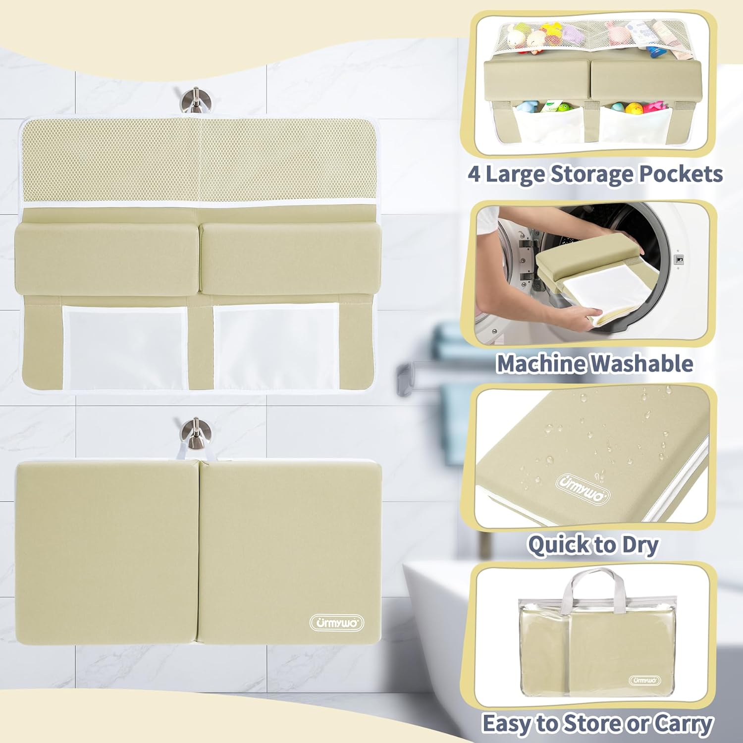 URMYWO Bath Kneeler and Elbow Rest Pad Set - 1.5" Thick Baby Bath Kneeler Pads with Toys Organizer, Anti-Slip Cozy Knee & Arm Support Bathtub Mat, Quick Dry Kneeling Pad for Baby Bath Time