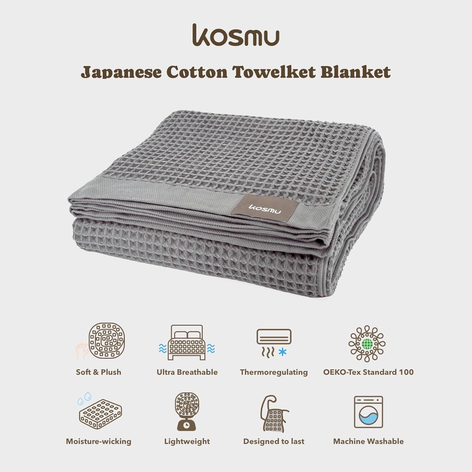 Luxury Japanese Cotton Waffle Towelket Blanket for All Sleepers | Soft, Breathable and Thermoregulating (Smoke Grey, 67''x91'')