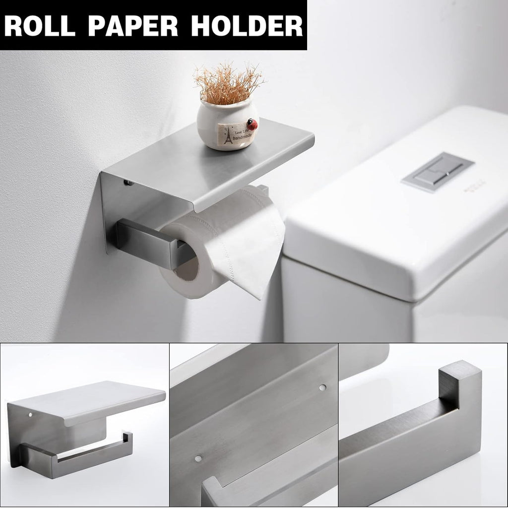 Brushed Nickel Bathroom Towel Bar Set Bathroom Accessories Hardware Set Including Towel Bar Towel Ring Coat Hook and Toilet Paper Holder with Shelf. Wall Mounted Stainless Steel