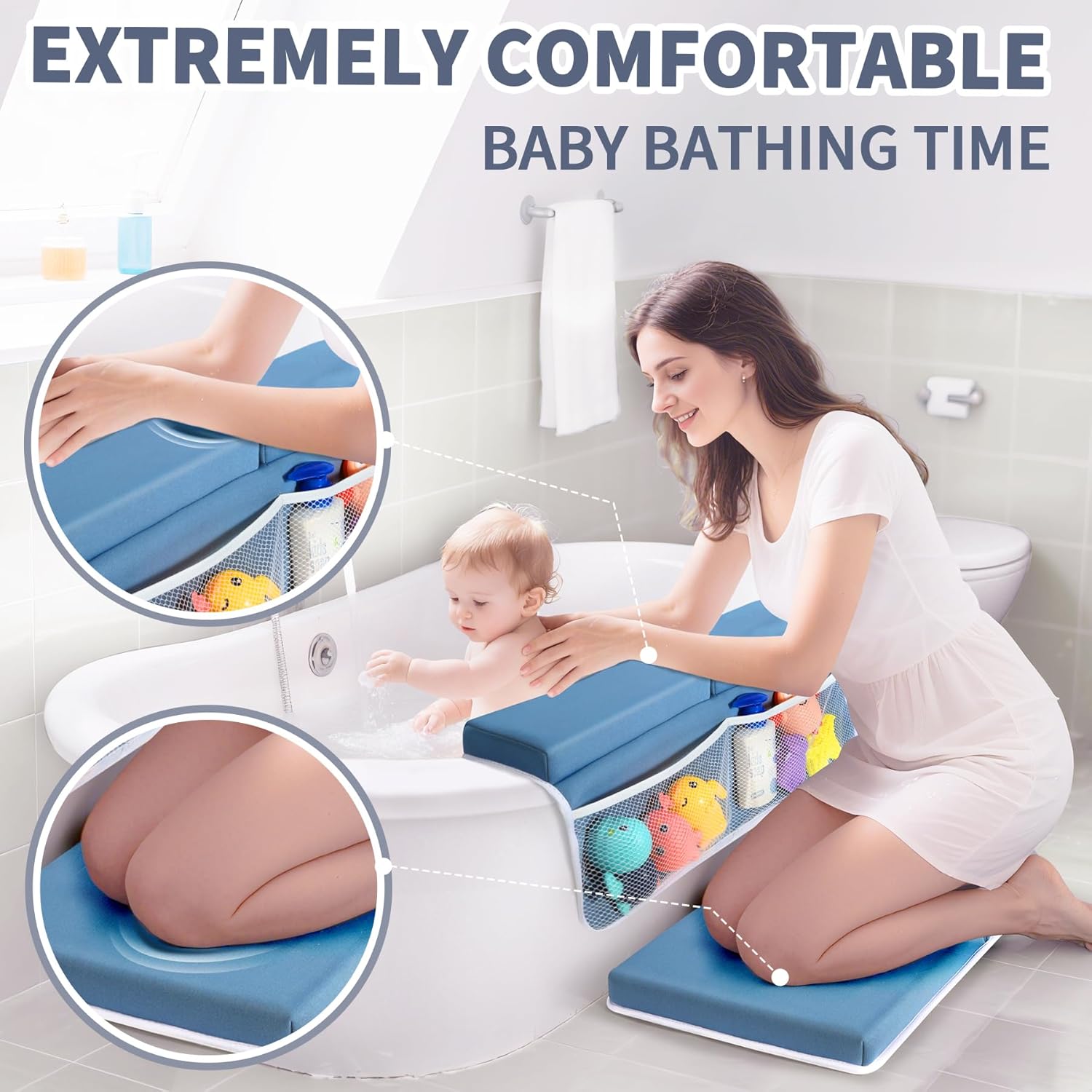 URMYWO Bath Kneeler and Elbow Rest Pad Set - 1.5" Thick Baby Bath Kneeler Pads with Toys Organizer, Anti-Slip Cozy Knee & Arm Support Bathtub Mat, Quick Dry Kneeling Pad for Baby Bath Time