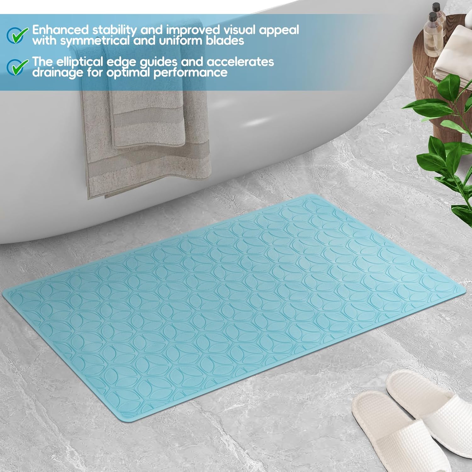 WRISIN Bathtub Mat Non Slip with Suction Cups - 100% Rubber Bathroom Mat Textured for Bath Tub Shower Safety - Soft on Touch - BPA/PVC Free - Pet Dog Bath Mat - Machine Washable - 16 × 28 Inch（Blue）