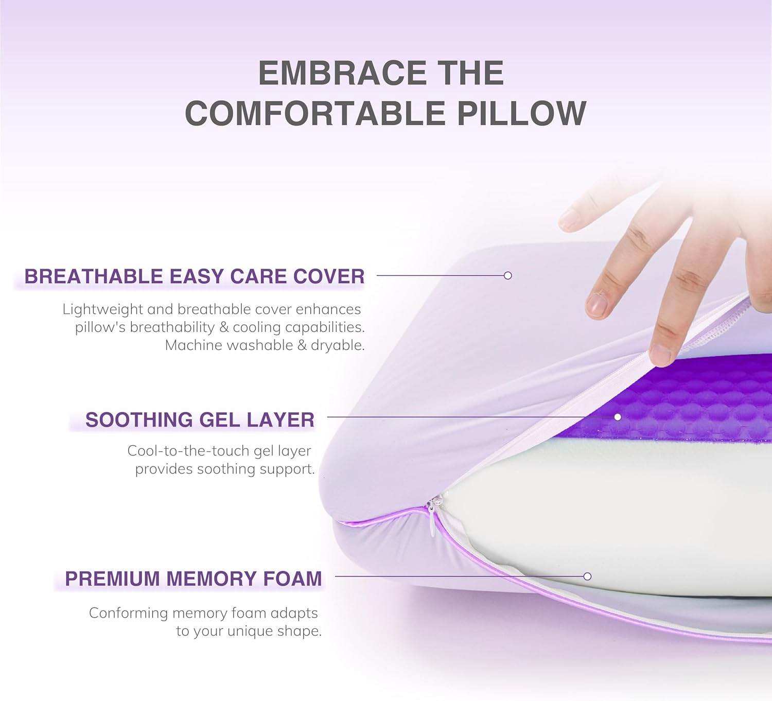 EGOHOME Cooling Gel Memory Foam Pillow - Reversible Cooling Cover, Neck Support for Side, Back and Stomach Sleepers, Removable & Machine Washable, All-Season Comfort, Standard Size, Purple