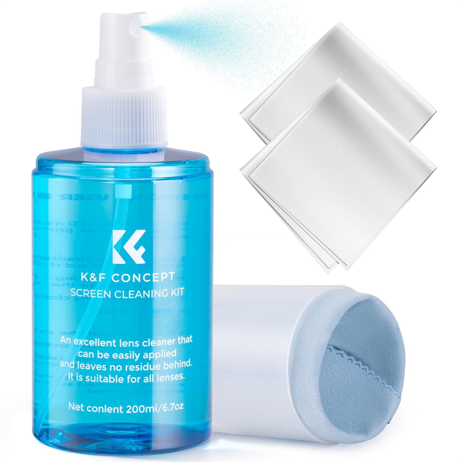 K&F CONCEPT Screen Cleaner Spray, with 2 Microfiber Cleaning Cloth, Touchscreen Cleaning Kit for LCD LED DVD TV, Smartphone, iPad, Laptop, Tablet Monitor, Computer Monitor, Electronic Devices (200ml)