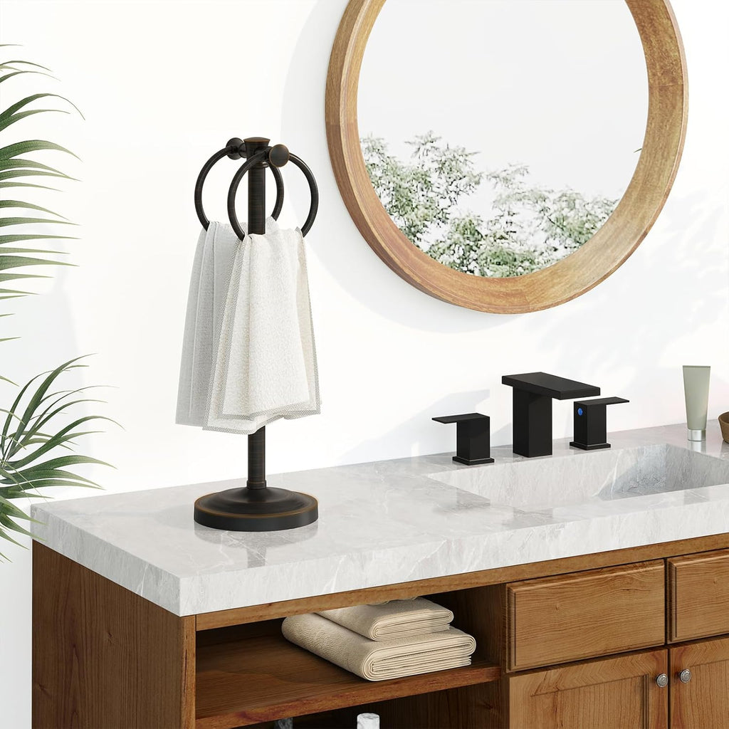 Hoimpro 17 Inch Oil Rubbed Bronze Stainless Steel Free Standing Towel Rack Bar, Double Stand Towel Ring Hand Towel Holder Hanger, Towel Hardware for Bathroom Vanity Kitchen Countertops
