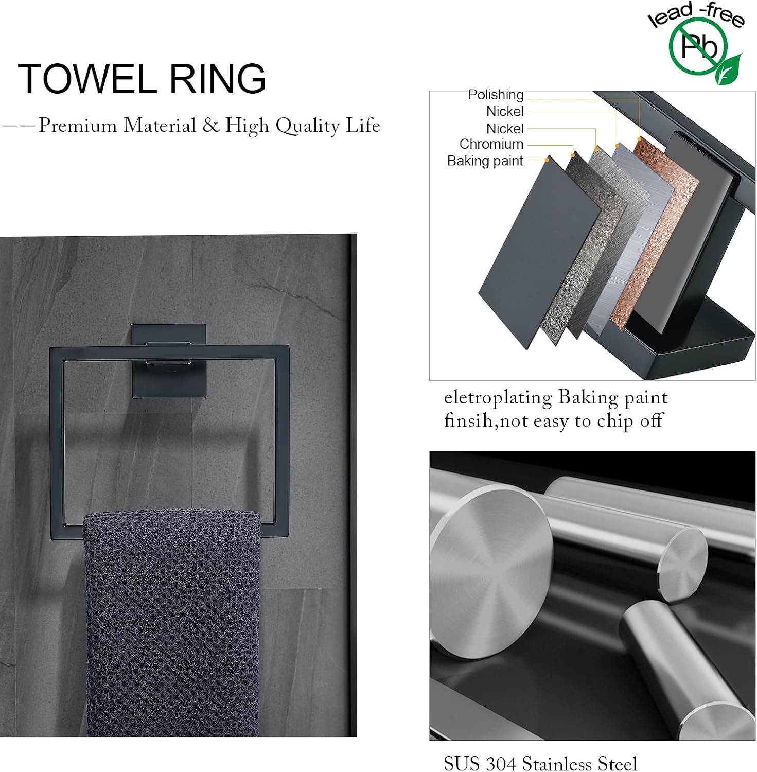 TNOMS Black Towel Bar Set 5-Piece Bathroom Hardware Set Including 23.6 Inch Towel Bar,Towel Ring Towel Hook and Toilet Paper Holder with Shelf,Stainless Steel Bathroom Accessories Set