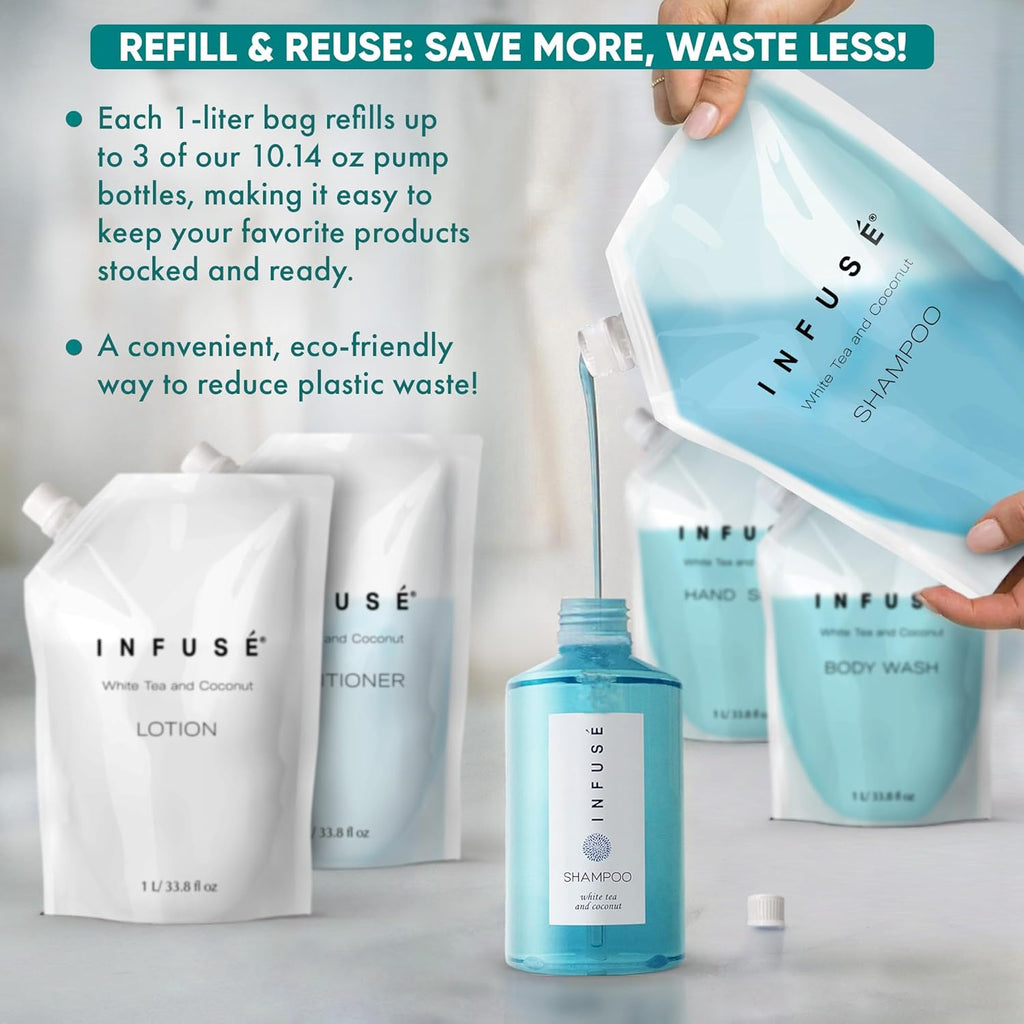 1 Liter Shampoo Refill Bag For Soap Dispensers | Bulk Toiletries for Vacation Rentals, and Home Bathroom Showers | White Tea and Coconut | Single