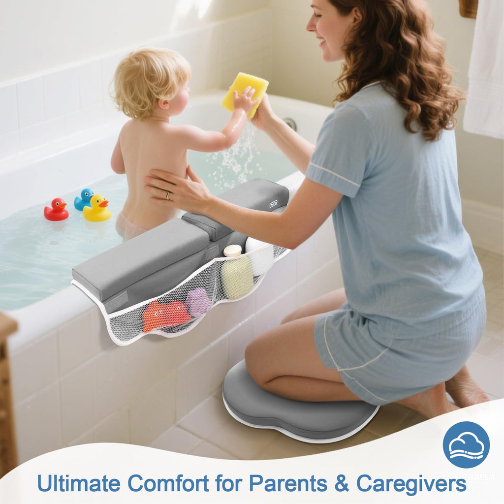 Roslim Bath Kneeler and Elbow Rest Pad Set - Quick Dry Soft Bath Mat Bundle - Non-Slip Durable Foam Kneeling Pads for Bathing, Tub Arm Rest with Toy Storage Pockets - Machine Washable, Grey