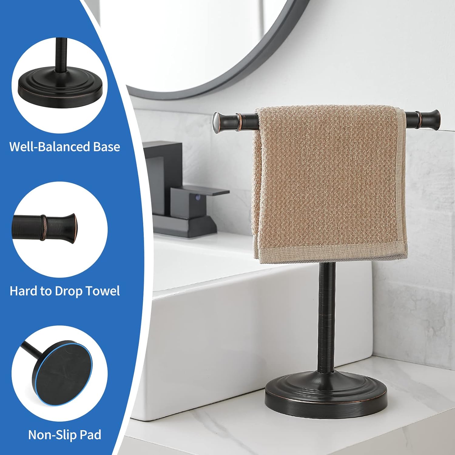 RUMOSE 13 Inch Oil Rubbed Bronze Towel Stand Hand Towel Holder Bathroom Kitchen Vanity Countertop T-Shape Towel Rack Free Standing Stainless Steel Towel Bar Towel Ring