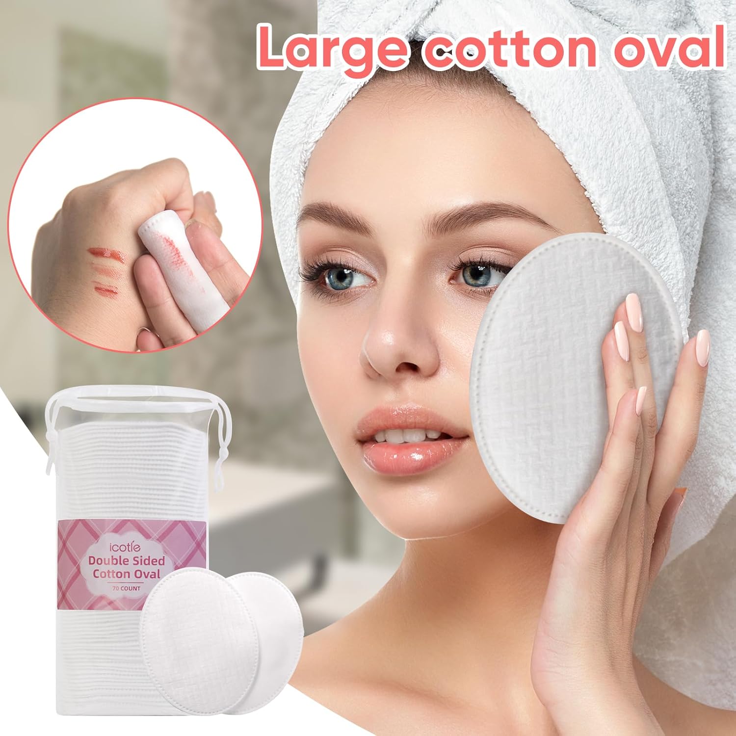Large Oval Cotton Pads, 70 Count, 3-Layer, Dual Textured Design, Lint-Free, Ultra-Soft Cotton Oval for All Skin Types Cotton Pads for Makeup Removal, Cleansing, Skin Care etc.