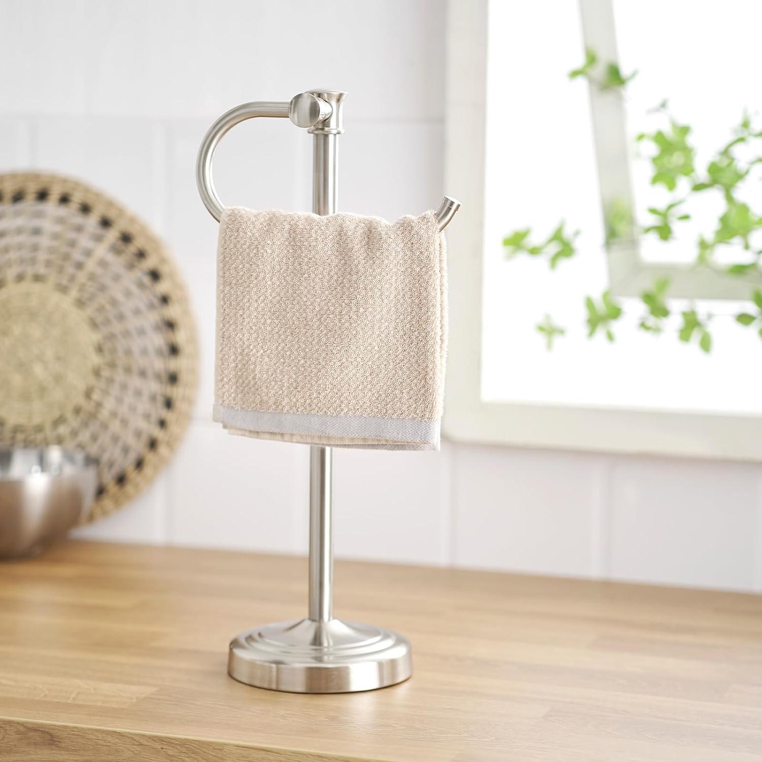 BESy 17 Inch Brushed Nickel Stand Towel Bar Hanger Hand Towel Bar Bathroom Vanity Countertop Towel Holder Free Standing Stainless Steel Towel Ring Hardware Accessories Towel Rack