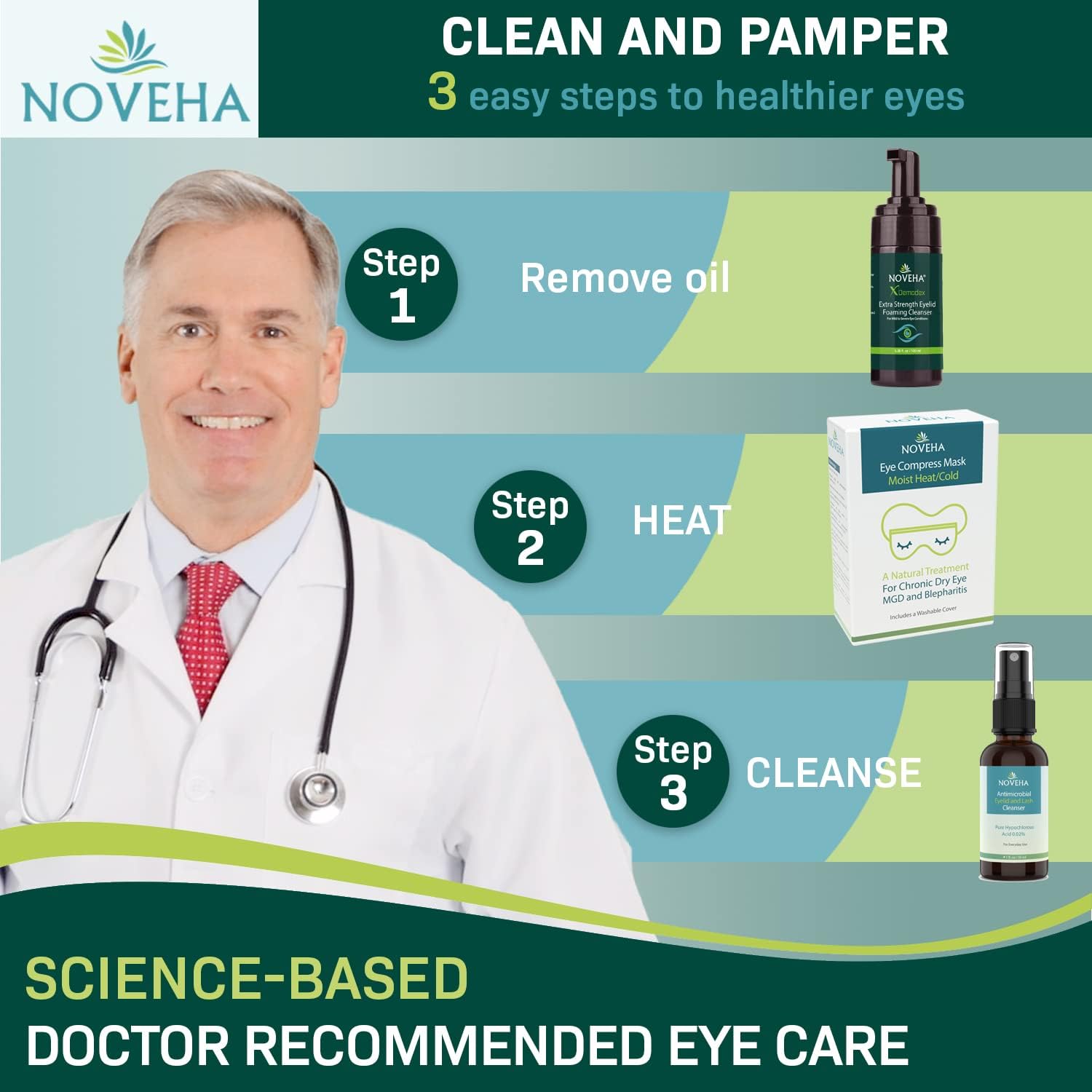 NOVEHA Demodex Eyelid Cleanser Foam | Extra Strength Tea Tree Oil Formula | Daily Face Wash For Eyelash, Demodex, MGD, Stye Eyes, Eye Irritations & Skin Dryness, 3.38 fl oz (3 Pack)