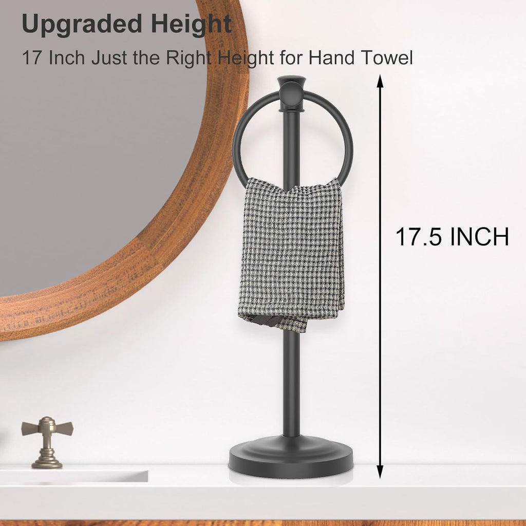 Hoimpro 17 Inch Stand Hand Towel Holder Towel Bar Towel Hanging Ring, Free Standing Floor Hand Towel Rack Storage for Bathroom Kitchen Vanity Countertops, Hardware Accessories(Matte Black)