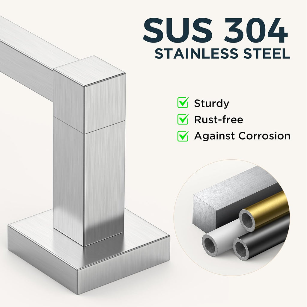 FORIOUS Toilet Paper Holder Set Wall Mount, SUS 304 Stainless Steel Pivoting Toilet Paper Holder and Towel Ring, Hand Towel Holder Set for Bathroom, Square Bathroom Hardware Set, Brushed Nickel