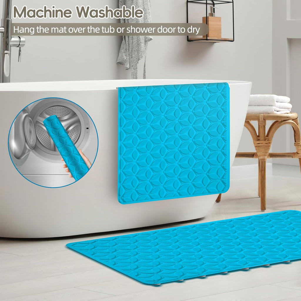 WRISIN Bathtub Mat Non Slip with Suction Cups - 100% Rubber Bathroom Mat Textured for Bath Tub Shower Safety - Soft on Touch - BPA/PVC Free - Pet Dog Bath Mat - Machine Washable - 16 × 28 Inch（R Blue）