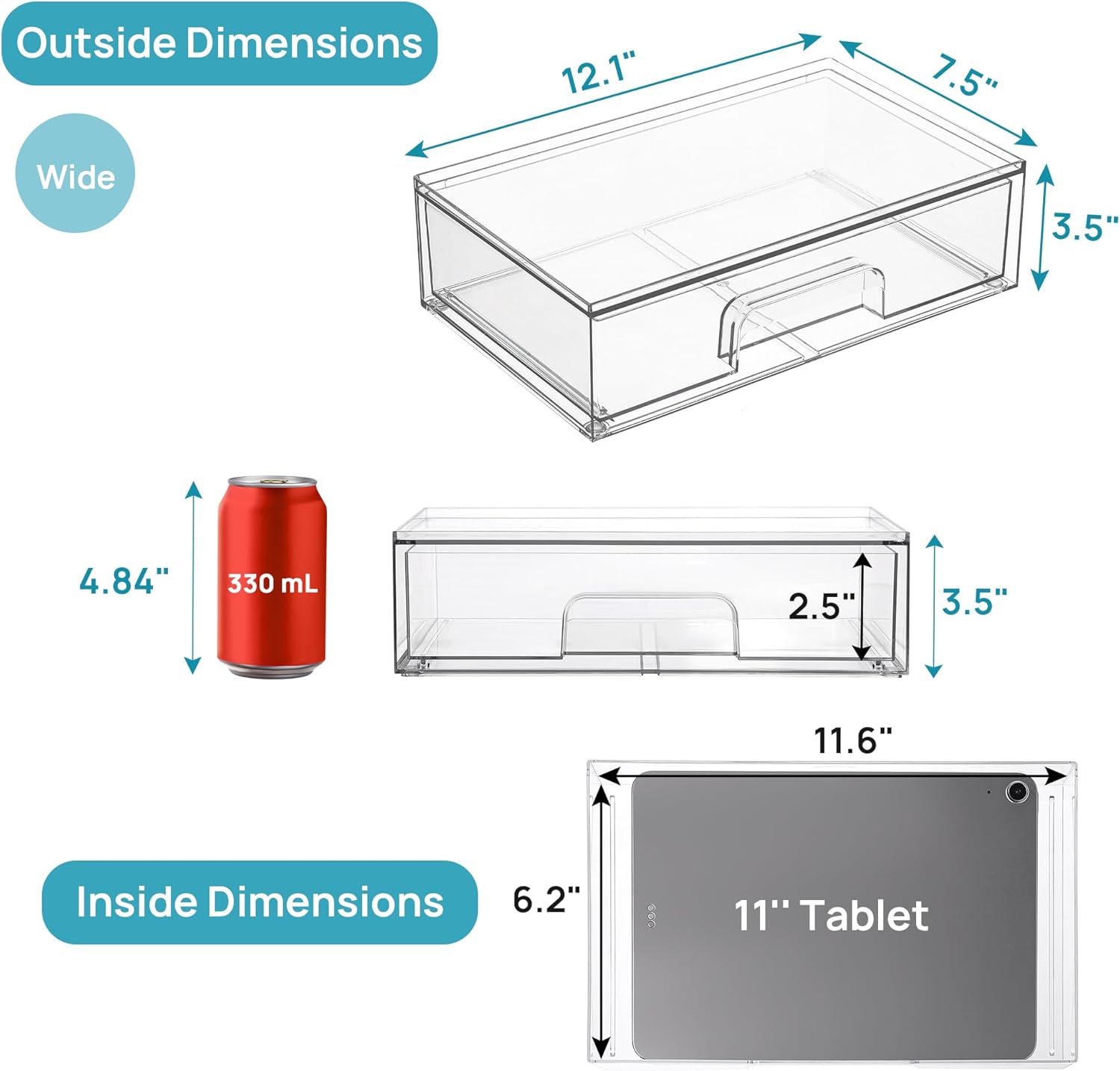 Vtopmart 12.1''W Clear Stackable Storage Drawers,2 Pack Acrylic Plastic Organizers Bins for Makeup Palettes, Cosmetics, and Beauty Supplies,Ideal for Vanity, Bathroom,Cabinet,Desk Organization