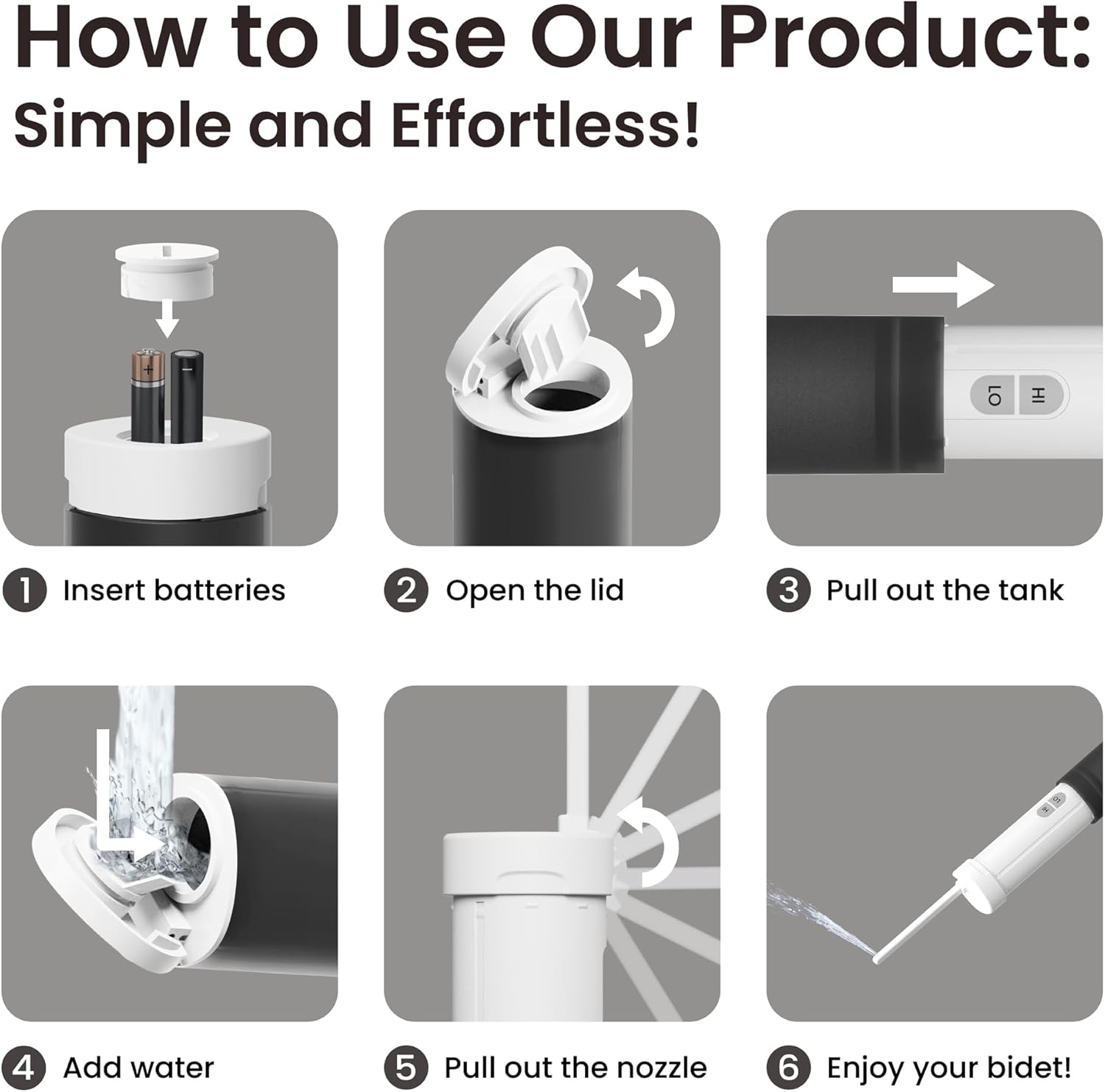 VOVO Go Portable Electric Bidet for Travel - 2 Adjustable Pressure Settings, Compact Handheld Bidet, Ideal for Personal Hygiene & Postpartum Care, Lightweight & Leak-Proof, Made in Korea - Black