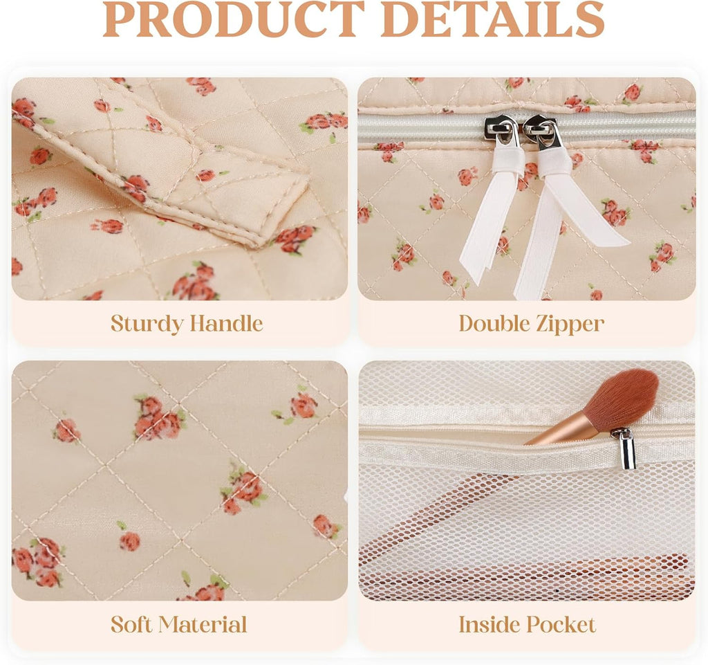 Prite Large Makeup Bag for Women Quilted Floral Cotton Cosmetic Bag Cute Coquette Aesthetic Floral Travel Toiletry Bag (Pink Flower)
