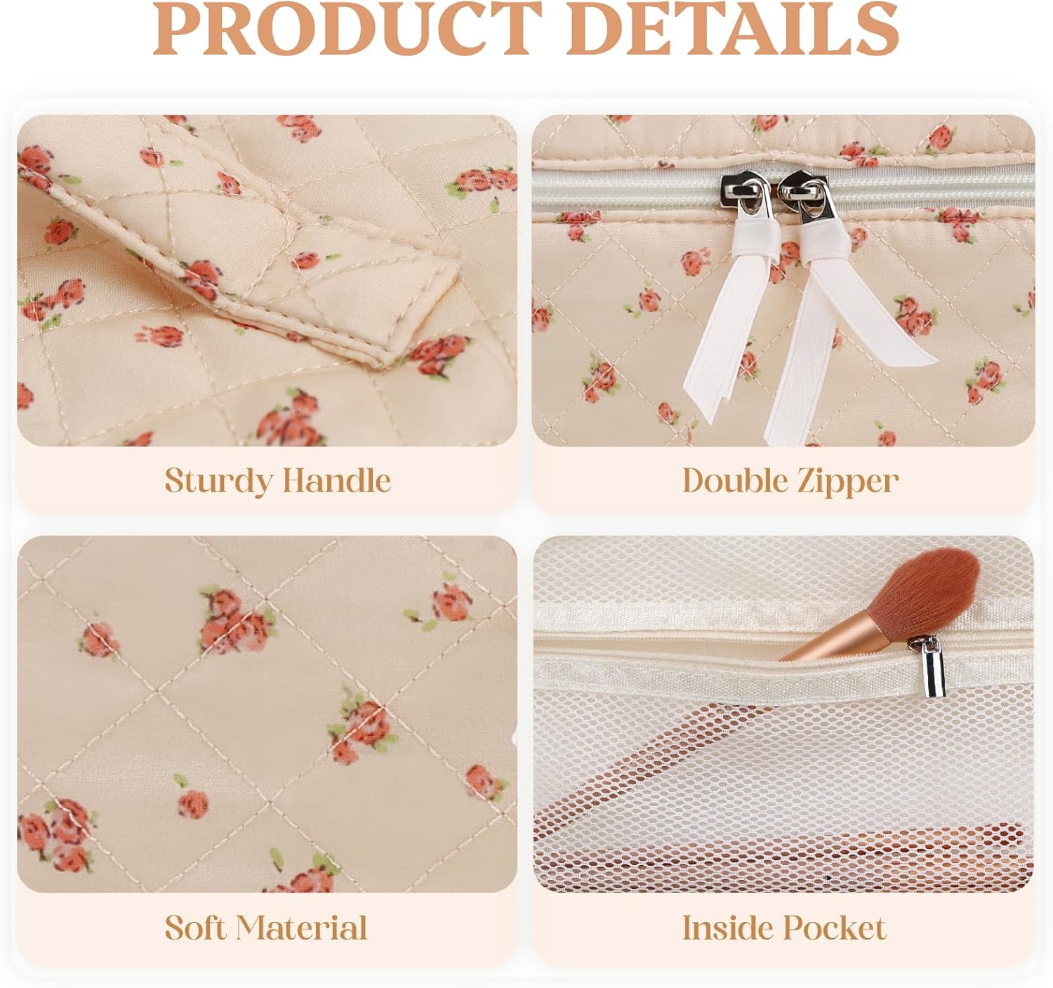 Prite Large Makeup Bag for Women Quilted Floral Cotton Cosmetic Bag Cute Coquette Aesthetic Floral Travel Toiletry Bag (Pink Flower)