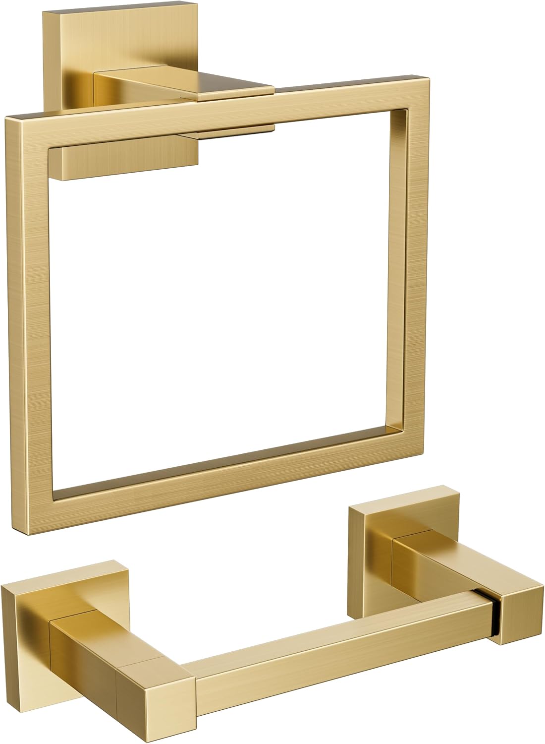 FORIOUS Toilet Paper Holder Set Wall Mount, SUS 304 Stainless Steel Pivoting Toilet Paper Holder and Towel Ring, Hand Towel Holder Set for Bathroom, Square Bathroom Hardware Set, Brushed Gold