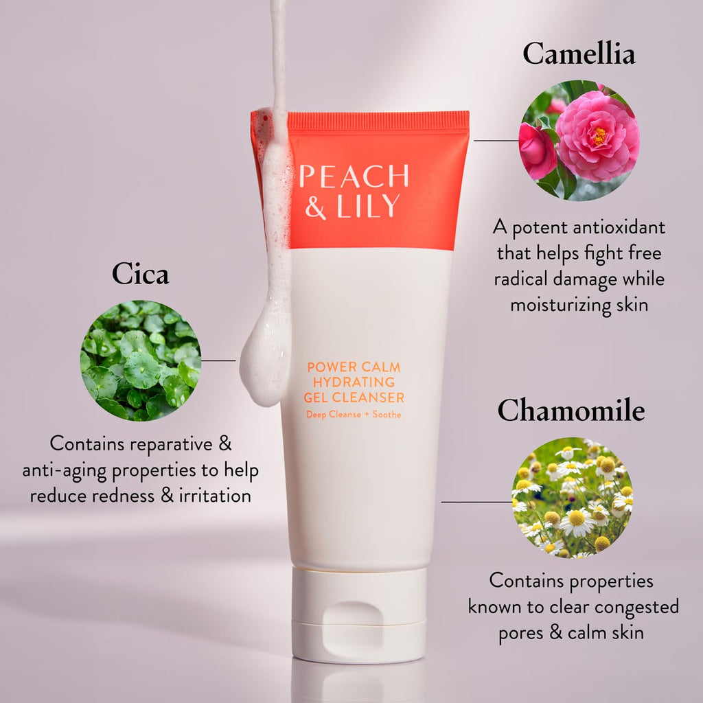 Peach & Lily - Power Calm Hydrating Gel Cleanser - Korean Skincare Face Wash - Dry, Normal, & Oily Skin - Vegan, Gluten Free, Fragrance Free, Never Tested on Animals - Travel Size - 100 ML, 3.38 FL OZ