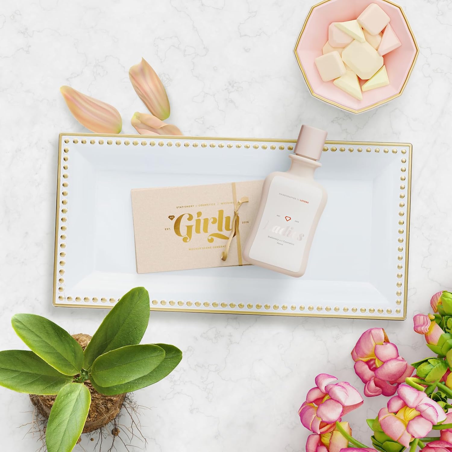 2 Pack White Bathroom Vanity Tray for Countertop with Beads, Small Plastic Toilet Tank Tray Versatile Storage Organization Tray for Makeup, Perfume, Desk, Kitchen, Candles, 14"x7"x1", 36W