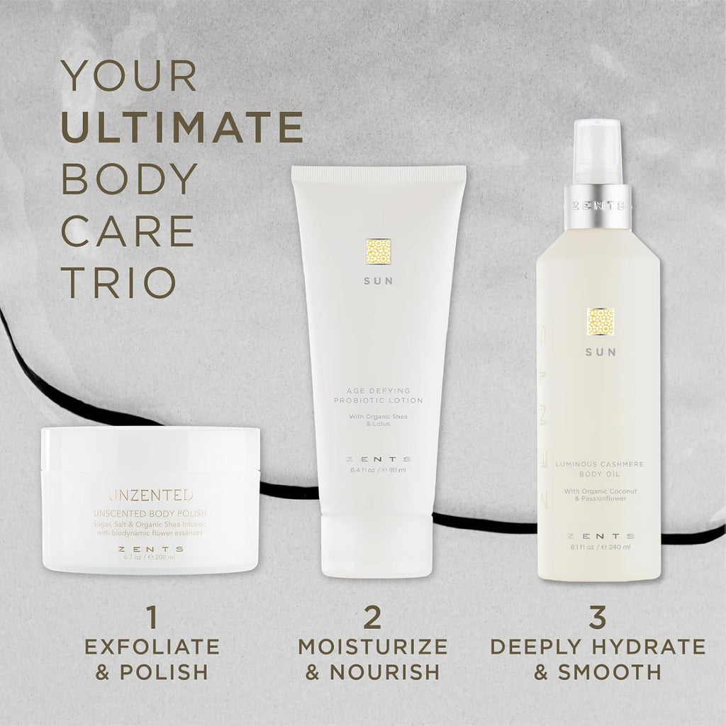 Zents Luminous Cashmere Body Oil (Sun Fragrance) | Moisturizing Body Oil with Vitamin E & Organic Coconut Oil | Softens & Smooths Skin | 8 fl oz