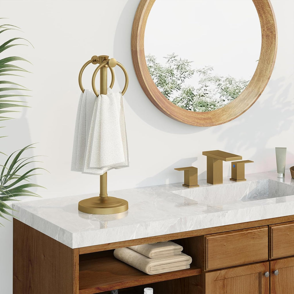 Hoimpro 17" Brushed Gold Free Standing Towel Rack Bracket, Double Towel Ring Hand Towel Stand Holder, Bathroom Hardware Accessories Set Towel Bar for Bathroom Vanities and Kitchen Countertops