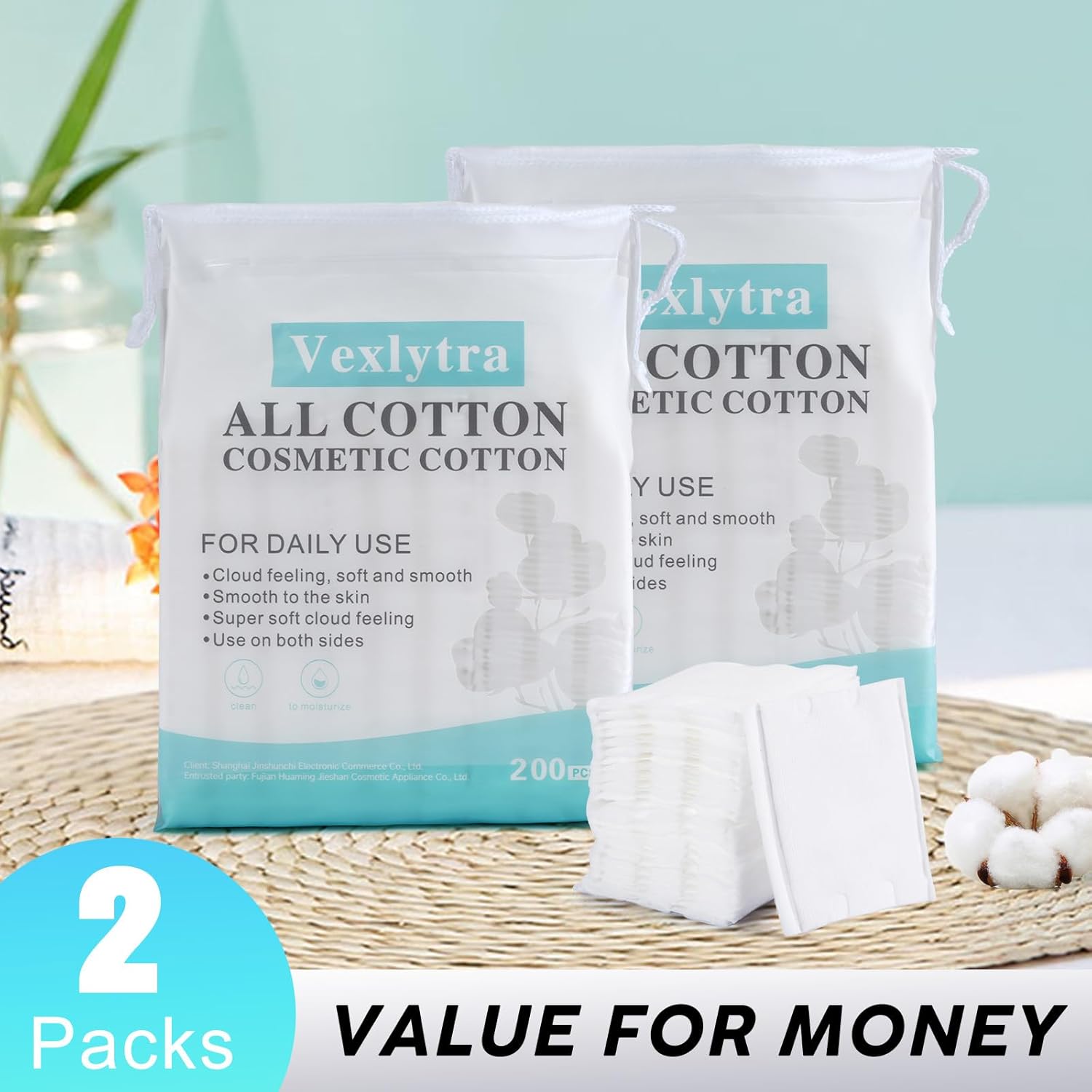 Square Cotton Pads for Makeup Remover (200 Count), 100% Pure Cotton, Hypoallergenic, Ultra-Soft & Lint-Free for Gentle Skincare