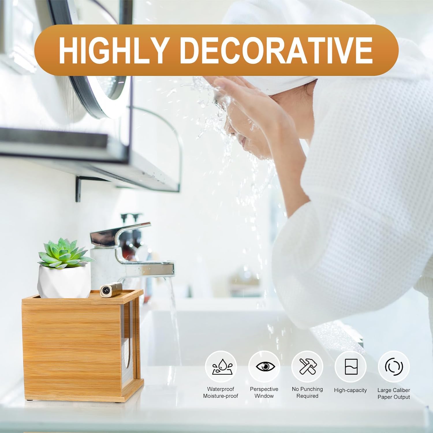 Chunful Disposable Face Towel Holder Box with Bamboo Lid, Acrylic Cosmetic Facial Towel Storage Container for Disposable Makeup Wipes Bathroom Vanity Countertop (Card Slot Connection)