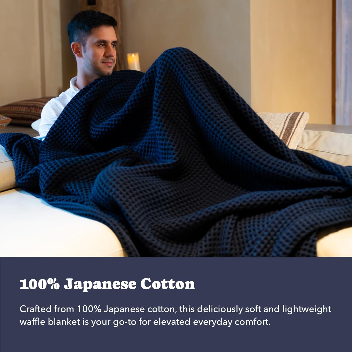 Luxury Japanese Cotton Waffle Towelket Blanket for All Sleepers | Soft, Breathable and Thermoregulating (Ocean Blue, 67''x91'')