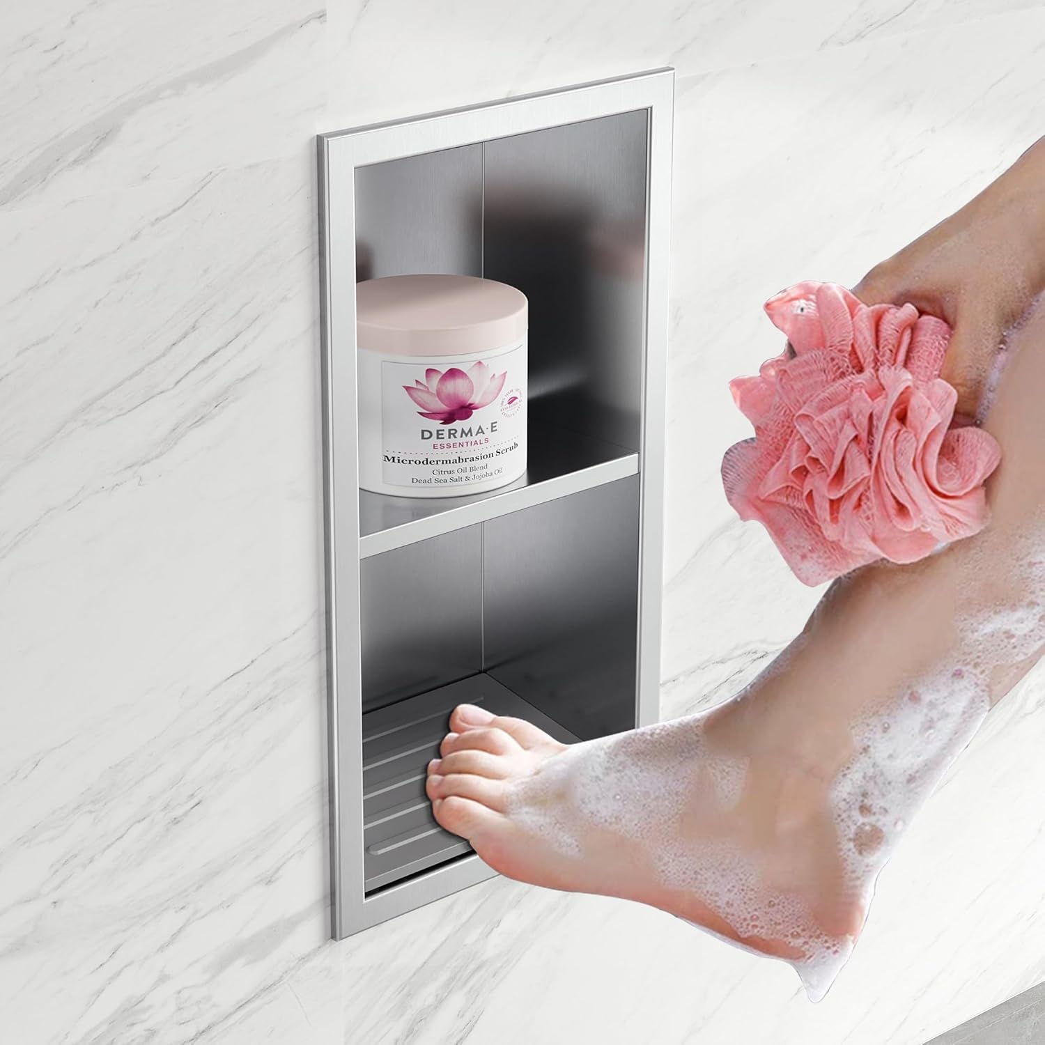 Shower Foot Rest for Shaving Legs, 304 Stainless Steel Footrest Niche With Holder, Recessed Shower Niche, Brushed Nickel, 5.9" X 12.3"