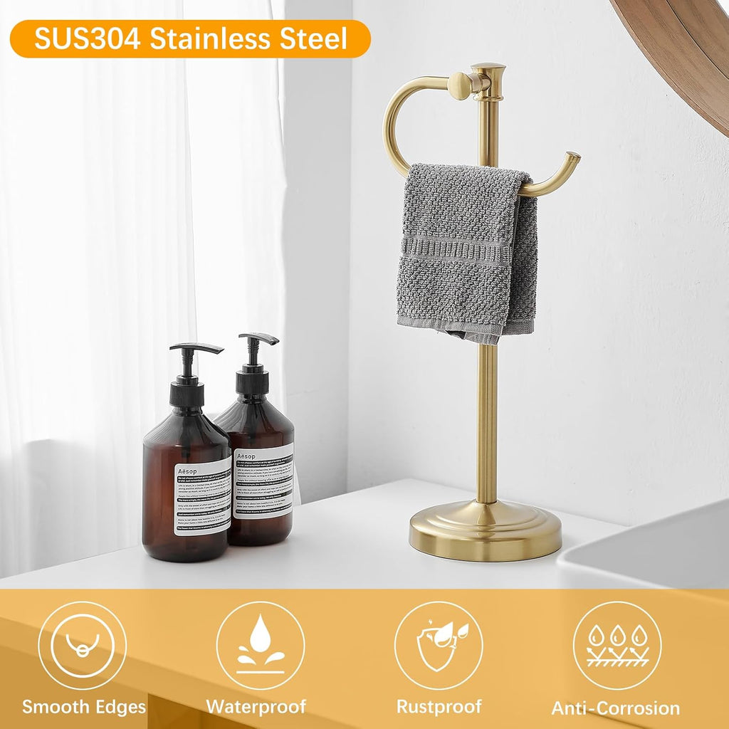 BESy 17 Inch Brushed Gold Stand Towel Bar Hanger Hand Towel Bar Bathroom Vanity Countertop Towel Holder Free Standing Stainless Steel Towel Ring Hardware Accessories Towel Rack