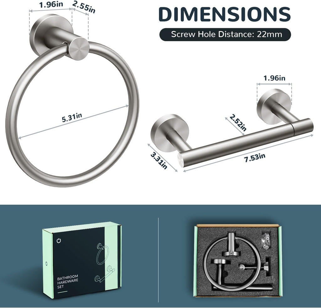 FORIOUS Toilet Paper Holder Wall Mount, SUS304 Stainless Steel Double Post Pivoting Tissue Roll Holder and Hand Towel Ring Set for Bathroom, RV, Bathroom Hardware Accessories Set, Brushed Nickel