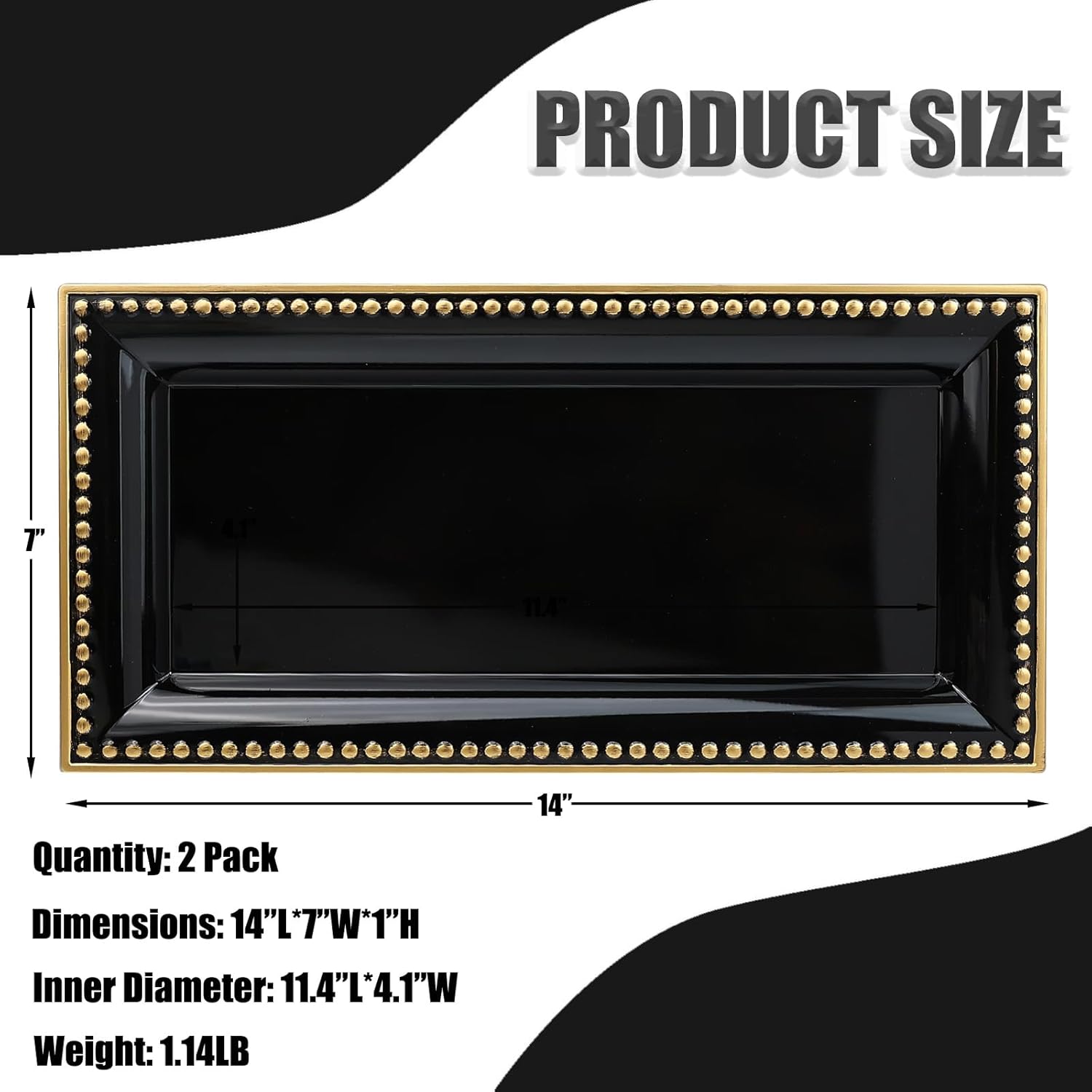 2 Pack Black Bathroom Vanity Tray for Countertop with Beads, Small Plastic Toilet Tank Versatile Storage Organization Tray for Makeup, Perfume, Desk, Kitchen, Candles, 14"x7"x1", 36B