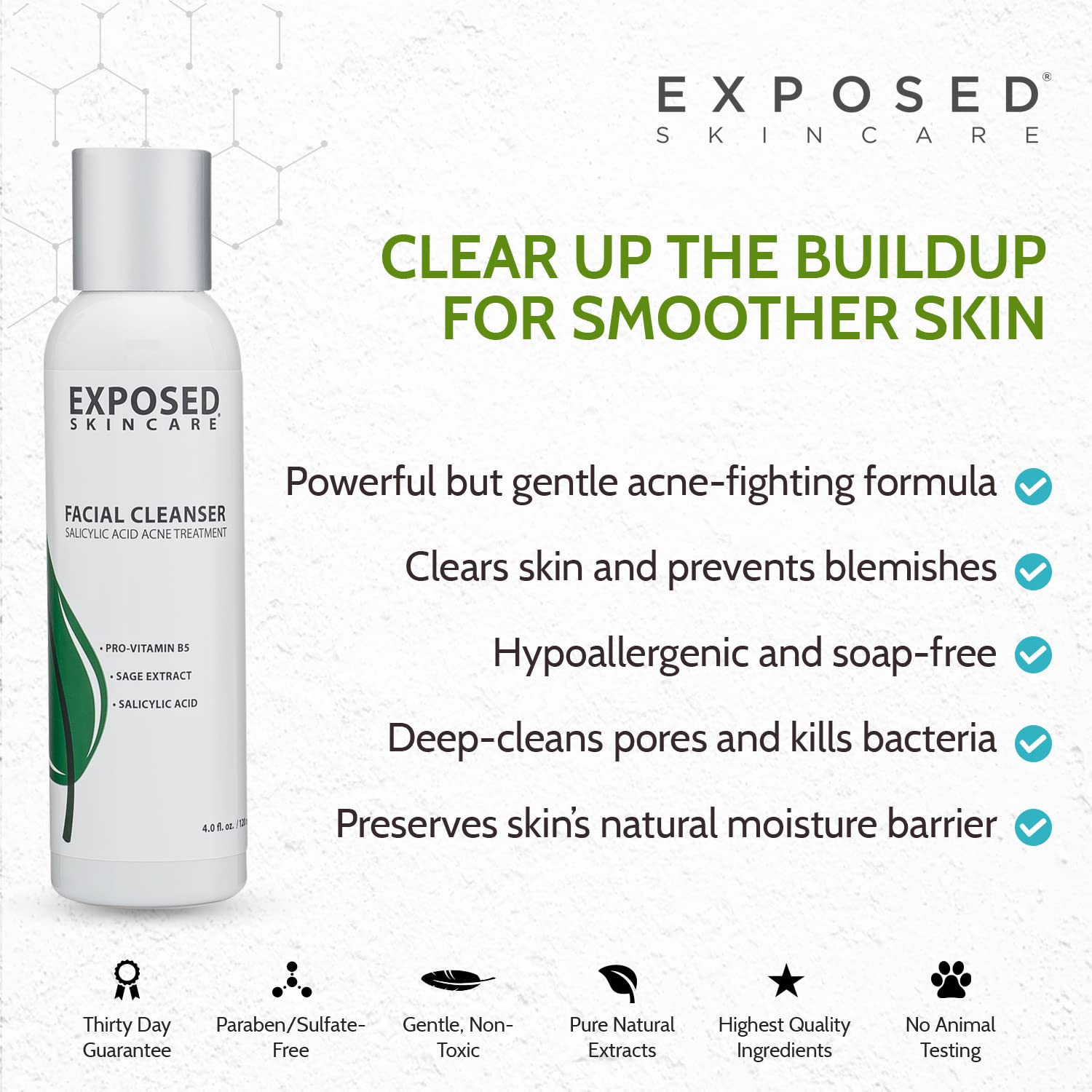Exposed Skin Care, Acne Facial Cleanser with 0.5% Salicylic Acid for Sensitive and Acne-Prone Skin – Gentle Daily Face Wash for Breakout, Blackhead and Excess Oil – Natural, Non-toxic and Cruelty Free