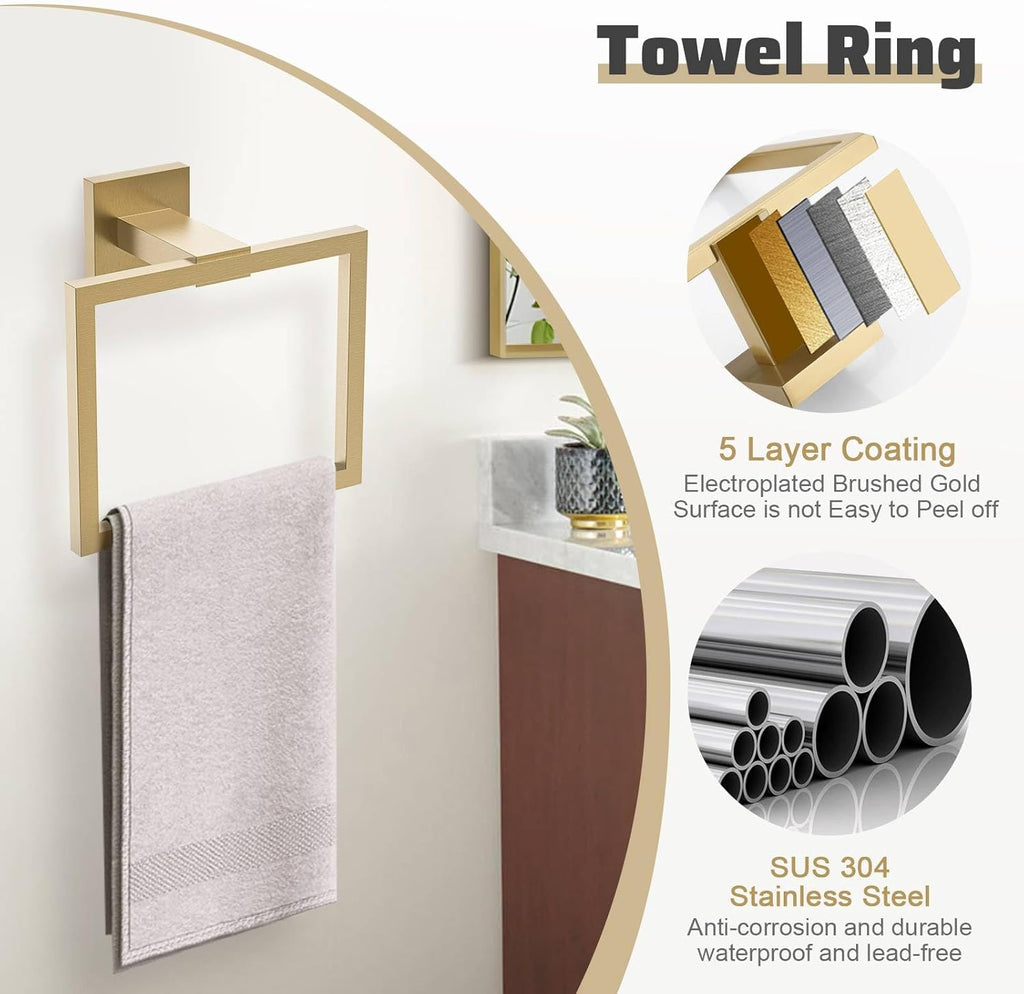 TNOMS 5-Piece Towel Bar Set Brushed Gold Bathroom Hardware Accessories Set Includes Upgraded Double Base Toilet Paper Holder,Modern Square Towel Holder Set Stainless Steel Wall Mount 23.6 Inch